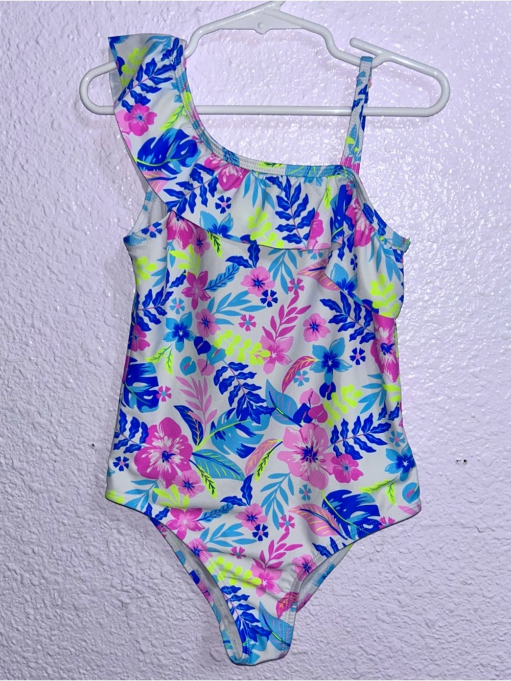 Tommy Bahama Girls One-Shoulder xl Floral Ruffle Swimsuit - Pink, Blue & Neon
